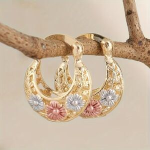 2-tone Gold Floral Drop Hoop Earrings Open Texture Lghtwt Secure Silver Rose New